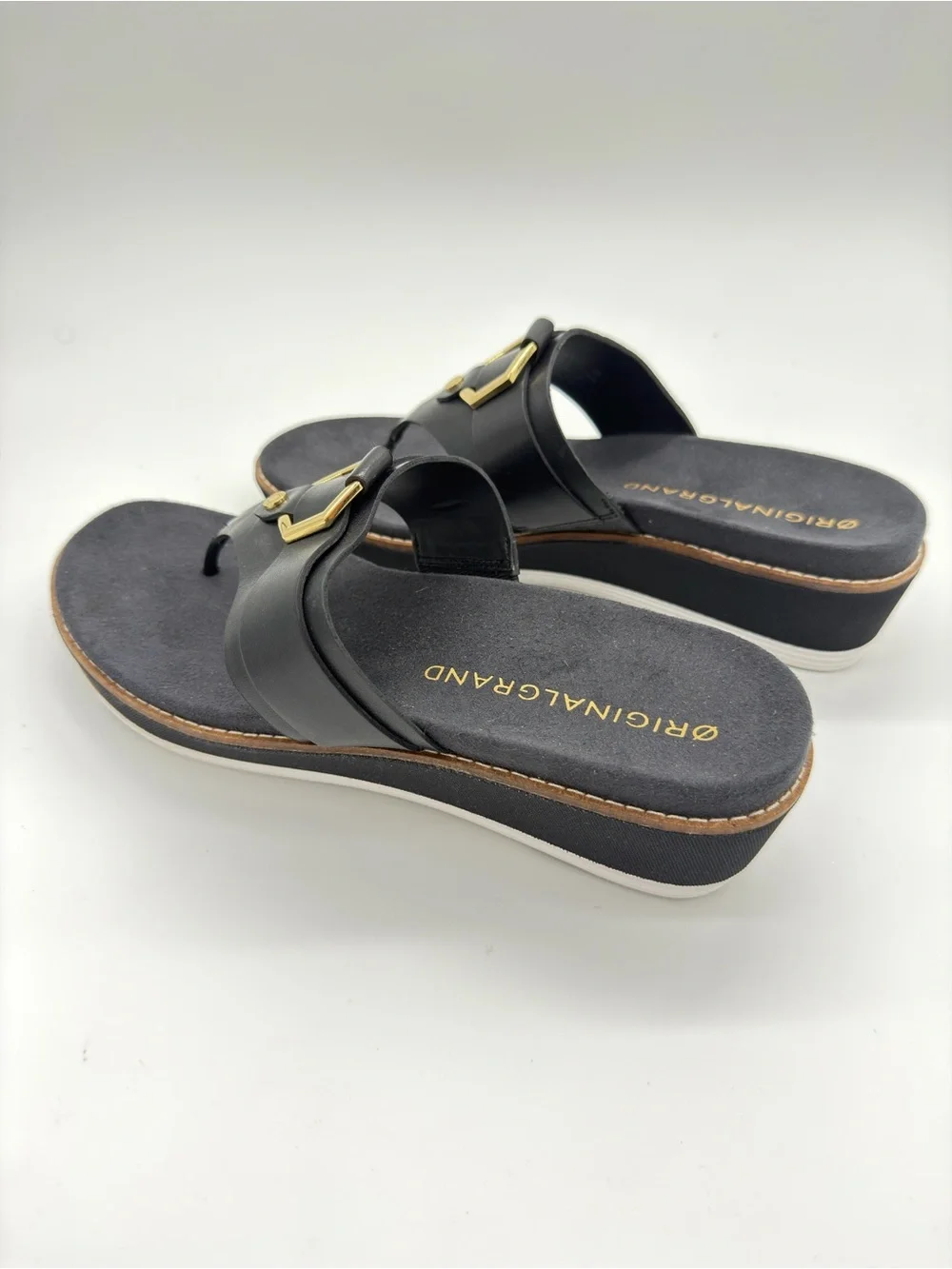 Cole Haan Black Leather Thong Sandals with Gold Hexagon Hardware
